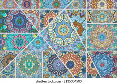 Vector patchwork quilt pattern. Vintage decorative collage. Hand drawn background. Indian, Arabic, Turkish motifs for printing on fabric or paper. Abstract colorful doodle pattern in mosaic style