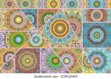 Vector patchwork quilt pattern. Vintage decorative collage. Hand drawn background. Indian, Arabic, Turkish motifs for printing on fabric or paper. Abstract colorful doodle pattern in mosaic style