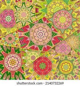 Vector patchwork quilt pattern. Vintage decorative collage. Hand drawn background. Indian, Arabic, Turkish motifs for printing on fabric or paper. Abstract colorful doodle pattern in mosaic style