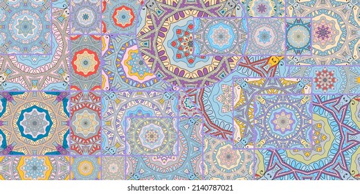 Vector patchwork quilt pattern. Vintage decorative collage. Hand drawn background. Indian, Arabic, Turkish motifs for printing on fabric or paper. Abstract colorful doodle pattern in mosaic style