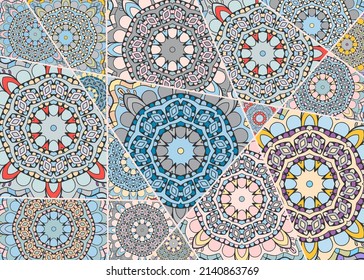 Vector patchwork quilt pattern. Vintage decorative collage. Hand drawn background. Indian, Arabic, Turkish motifs for printing on fabric or paper. Abstract colorful doodle pattern in mosaic style