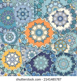 Vector patchwork quilt pattern. Vintage decorative collage. Hand drawn background. Indian, Arabic, Turkish motifs for printing on fabric or paper. Abstract colorful doodle pattern in mosaic style