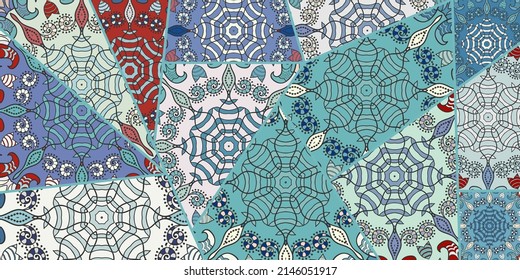 Vector patchwork quilt pattern. Vintage decorative collage. Hand drawn background. Indian, Arabic, Turkish motifs for printing on fabric or paper. Abstract colorful doodle pattern in mosaic style