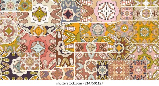 Vector patchwork quilt pattern. Vintage decorative collage. Hand drawn background. Indian, Arabic, Turkish motifs for printing on fabric or paper. Abstract colorful doodle pattern in mosaic style