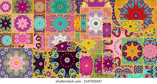 Vector patchwork quilt pattern. Vintage decorative collage. Hand drawn background. Indian, Arabic, Turkish motifs for printing on fabric or paper. Abstract colorful doodle pattern in mosaic style