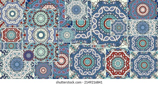 Vector patchwork quilt pattern. Vintage decorative collage. Hand drawn background. Indian, Arabic, Turkish motifs for printing on fabric or paper. Abstract colorful doodle pattern in mosaic style
