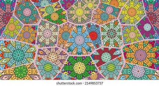 Vector patchwork quilt pattern. Vintage decorative collage. Hand drawn background. Indian, Arabic, Turkish motifs for printing on fabric or paper. Abstract colorful doodle pattern in mosaic style