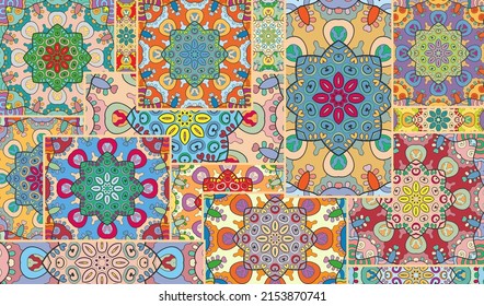 Vector patchwork quilt pattern. Vintage decorative collage. Hand drawn background. Indian, Arabic, Turkish motifs for printing on fabric or paper. Abstract colorful doodle pattern in mosaic style