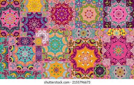 Vector patchwork quilt pattern. Vintage decorative collage. Hand drawn background. Indian, Arabic, Turkish motifs for printing on fabric or paper. Abstract colorful doodle pattern in mosaic style
