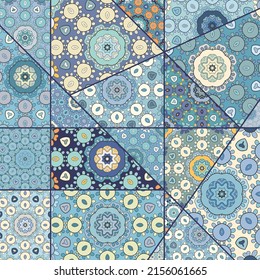 Vector patchwork quilt pattern. Vintage decorative collage. Hand drawn background. Indian, Arabic, Turkish motifs for printing on fabric or paper. Abstract colorful doodle pattern in mosaic style