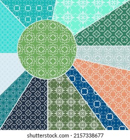 Vector patchwork quilt pattern. Vintage decorative collage. Geometric line background. Indian, Arabic, Turkish motifs for printing on fabric or paper. Abstract colorful lace pattern in mosaic style