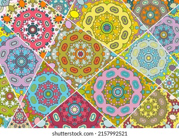 Vector patchwork quilt pattern. Vintage decorative collage. Hand drawn background. Indian, Arabic, Turkish motifs for printing on fabric or paper. Abstract colorful doodle pattern in mosaic style