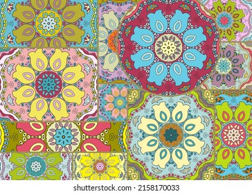 Vector patchwork quilt pattern. Vintage decorative collage. Hand drawn background. Indian, Arabic, Turkish motifs for printing on fabric or paper. Abstract colorful doodle pattern in mosaic style