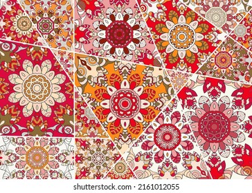 Vektor-Patchwork-Quiltmuster Vintage dekorative Collage. Handgezeichnet Hintergrund. Indische, arabische, türkische Motive für den Druck auf Stoff oder Papier. Abstrakte bunte Doodle-Muster im Mosaikstil