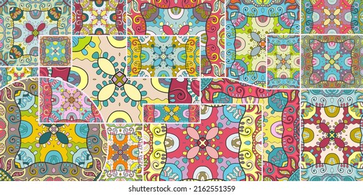 Vector patchwork quilt pattern. Vintage decorative collage. Hand drawn background. Indian, Arabic, Turkish motifs for printing on fabric or paper. Abstract colorful doodle pattern in mosaic style