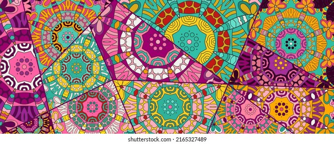 Vector patchwork quilt pattern. Vintage decorative collage. Hand drawn background. Indian, Arabic, Turkish motifs for printing on fabric or paper. Abstract colorful doodle pattern in mosaic style