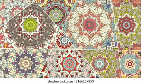 Vector patchwork quilt pattern. Vintage decorative collage. Hand drawn background. Indian, Arabic, Turkish motifs for printing on fabric or paper. Abstract colorful doodle pattern in mosaic style