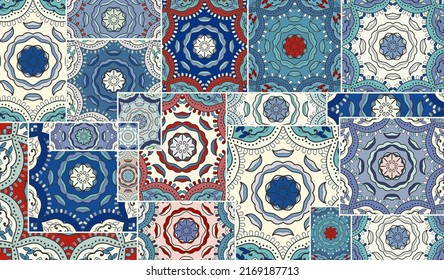 Vector patchwork quilt pattern. Vintage decorative collage. Hand drawn background. Indian, Arabic, Turkish motifs for printing on fabric or paper. Abstract colorful doodle pattern in mosaic style