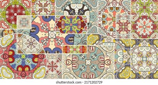 Vector patchwork quilt pattern. Vintage decorative collage. Hand drawn background. Indian, Arabic, Turkish motifs for printing on fabric or paper. Abstract colorful doodle pattern in mosaic style