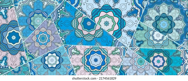 Vector patchwork quilt pattern. Vintage decorative collage. Hand drawn background. Indian, Arabic, Turkish motifs for printing on fabric or paper. Abstract colorful doodle pattern in mosaic style