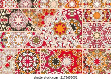 Vector patchwork quilt pattern. Vintage decorative collage. Hand drawn background. Indian, Arabic, Turkish motifs for printing on fabric or paper. Abstract colorful doodle pattern in mosaic style