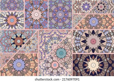 Vector patchwork quilt pattern. Vintage decorative collage. Hand drawn background. Indian, Arabic, Turkish motifs for printing on fabric or paper. Abstract colorful doodle pattern in mosaic style