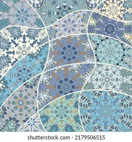 Vector patchwork quilt pattern. Vintage decorative collage. Hand drawn background. Indian, Arabic, Turkish motifs for printing on fabric or paper. Abstract colorful doodle pattern in mosaic style