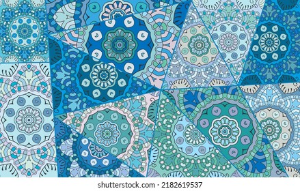 Vector patchwork quilt pattern. Vintage decorative collage. Hand drawn background. Indian, Arabic, Turkish motifs for printing on fabric or paper. Abstract colorful doodle pattern in mosaic style