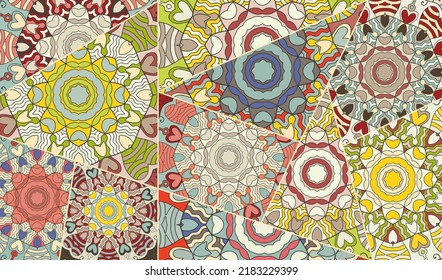 Vector patchwork quilt pattern. Vintage decorative collage. Hand drawn background. Indian, Arabic, Turkish motifs for printing on fabric or paper. Abstract colorful doodle pattern in mosaic style