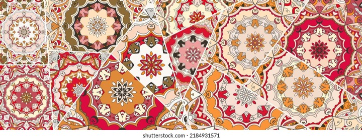 Vector patchwork quilt pattern. Vintage decorative collage. Hand drawn background. Indian, Arabic, Turkish motifs for printing on fabric or paper. Abstract colorful doodle pattern in mosaic style