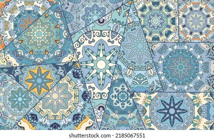 Vector patchwork quilt pattern. Vintage decorative collage. Hand drawn background. Indian, Arabic, Turkish motifs for printing on fabric or paper. Abstract colorful doodle pattern in mosaic style