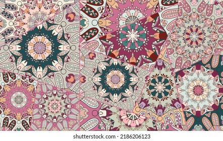 Vector patchwork quilt pattern. Vintage decorative collage. Hand drawn background. Indian, Arabic, Turkish motifs for printing on fabric or paper. Abstract colorful doodle pattern in mosaic style