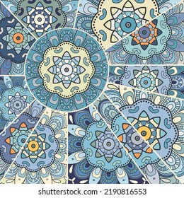 Vector patchwork quilt pattern. Vintage decorative collage. Hand drawn background. Indian, Arabic, Turkish motifs for printing on fabric or paper. Abstract colorful doodle pattern in mosaic style