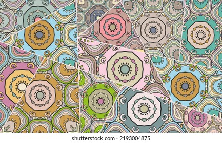 Vector patchwork quilt pattern. Vintage decorative collage. Hand drawn background. Indian, Arabic, Turkish motifs for printing on fabric or paper. Abstract colorful doodle pattern in mosaic style