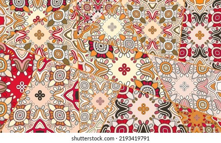 Vector patchwork quilt pattern. Vintage decorative collage. Hand drawn background. Indian, Arabic, Turkish motifs for printing on fabric or paper. Abstract colorful doodle pattern in mosaic style