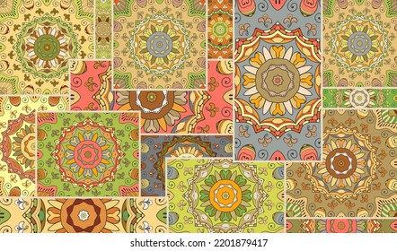 Vector patchwork quilt pattern. Vintage decorative collage. Hand drawn background. Indian, Arabic, Turkish motifs for printing on fabric or paper. Abstract colorful doodle pattern in mosaic style