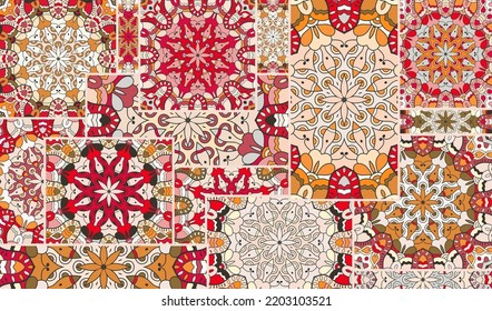 Vector patchwork quilt pattern. Vintage decorative collage. Hand drawn background. Indian, Arabic, Turkish motifs for printing on fabric or paper. Abstract colorful doodle pattern in mosaic style