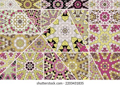 Vector patchwork quilt pattern. Vintage decorative collage. Hand drawn background. Indian, Arabic, Turkish motifs for printing on fabric or paper. Abstract colorful doodle pattern in mosaic style