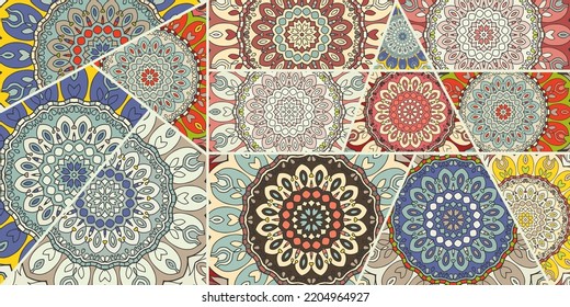 Vector patchwork quilt pattern. Vintage decorative collage. Hand drawn background. Indian, Arabic, Turkish motifs for printing on fabric or paper. Abstract colorful doodle pattern in mosaic style