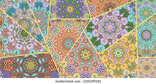 Vector patchwork quilt pattern. Vintage decorative collage. Hand drawn background. Indian, Arabic, Turkish motifs for printing on fabric or paper. Abstract colorful doodle pattern in mosaic style