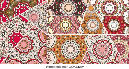 Vector patchwork quilt pattern. Vintage decorative collage. Hand drawn background. Indian, Arabic, Turkish motifs for printing on fabric or paper. Abstract colorful doodle pattern in mosaic style