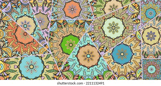 Vector patchwork quilt pattern. Vintage decorative collage. Hand drawn background. Indian, Arabic, Turkish motifs for printing on fabric or paper. Abstract colorful doodle pattern in mosaic style