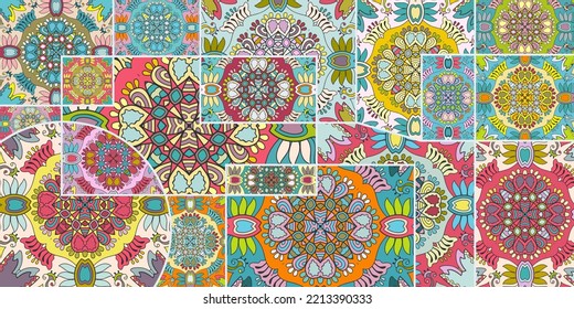 Vector patchwork quilt pattern. Vintage decorative collage. Hand drawn background. Indian, Arabic, Turkish motifs for printing on fabric or paper. Abstract colorful doodle pattern in mosaic style