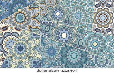 Vector patchwork quilt pattern. Vintage decorative collage. Hand drawn background. Indian, Arabic, Turkish motifs for printing on fabric or paper. Abstract colorful doodle pattern in mosaic style