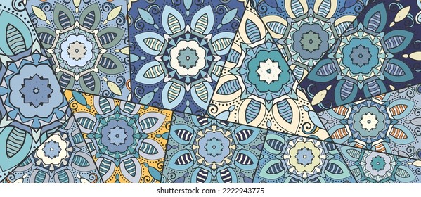 Vector patchwork quilt pattern. Vintage decorative collage. Hand drawn background. Indian, Arabic, Turkish motifs for printing on fabric or paper. Abstract colorful doodle pattern in mosaic style