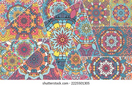 Vector patchwork quilt pattern. Vintage decorative collage. Hand drawn background. Indian, Arabic, Turkish motifs for printing on fabric or paper. Abstract colorful doodle pattern in mosaic style