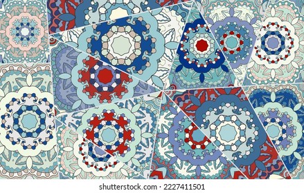 Vector patchwork quilt pattern. Vintage decorative collage. Hand drawn background. Indian, Arabic, Turkish motifs for printing on fabric or paper. Abstract colorful doodle pattern in mosaic style