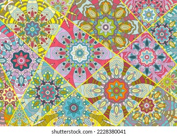 Vector patchwork quilt pattern. Vintage decorative collage. Hand drawn background. Indian, Arabic, Turkish motifs for printing on fabric or paper. Abstract colorful doodle pattern in mosaic style