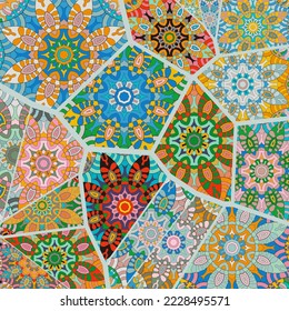 Vector patchwork quilt pattern. Vintage decorative collage. Hand drawn background. Indian, Arabic, Turkish motifs for printing on fabric or paper. Abstract colorful doodle pattern in mosaic style