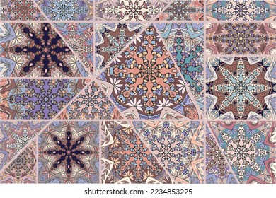 Vector patchwork quilt pattern. Vintage decorative collage. Hand drawn background. Indian, Arabic, Turkish motifs for printing on fabric or paper. Abstract colorful doodle pattern in mosaic style